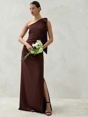 Chocolate Brown Bow One Shoulder Maxi Bridesmaid Dress - Image 1 of 4