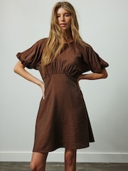 Chocolate Brown Puff Sleeve Mini Dress - Image 1 of 5