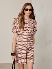 Pink Geo Print Puff Sleeve Mini Dress - Image 1 of 5