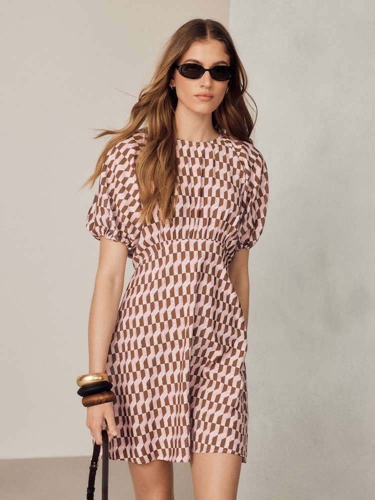 Pink Geo Print Puff Sleeve Mini Dress - Image 1 of 5 Pink Geo Print Puff Sleeve Mini Dress - Image 1 of 5