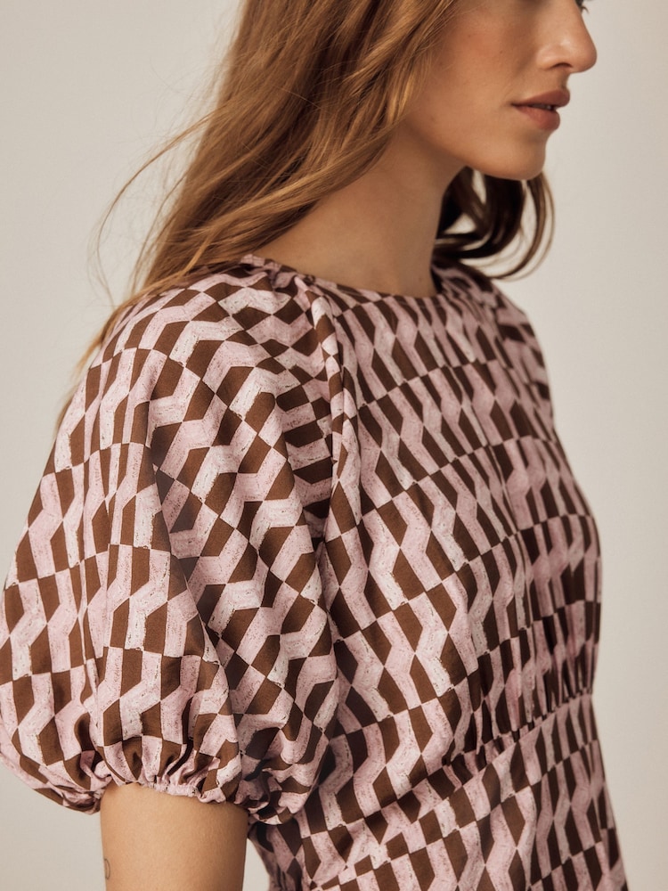 Pink Geo Print Puff Sleeve Mini Dress - Image 5 of 5 Pink Geo Print Puff Sleeve Mini Dress - Image 5 of 5