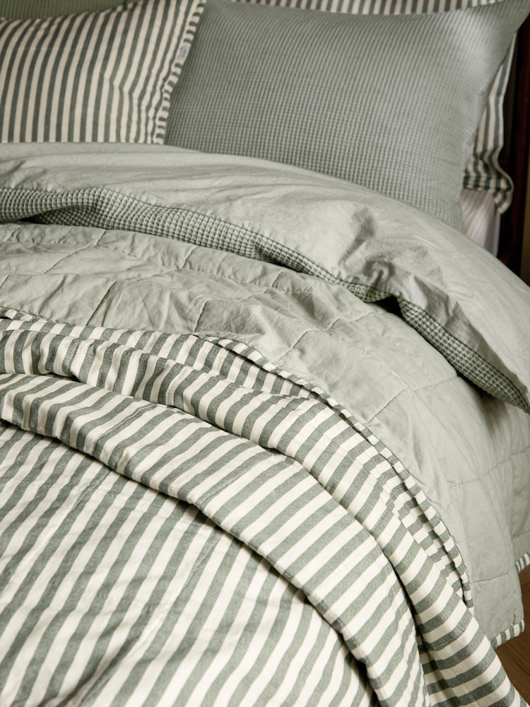 Yard ForestBay Green Hebden Stripe Stonewashed Cotton Bedspread - Image 2 of 4 Yard ForestBay Green Hebden Stripe Stonewashed Cotton Bedspread - Image 2 of 4