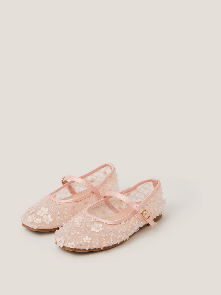 Monsoon Pink Flower Sparkle Mesh Ballet Flats - Image 1 of 3