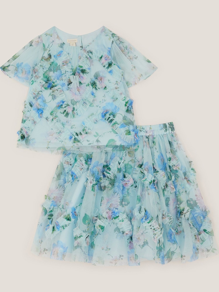 Monsoon Blue Roma Floral Print Ruffle Top & Skirt Set - Image 2 of 4 Monsoon Blue Roma Floral Print Ruffle Top & Skirt Set - Image 2 of 4