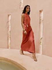 Friends Like These Rust Red Petite Satin Sleeveless Draped Hardware Midi Dress - Image 3 of 4