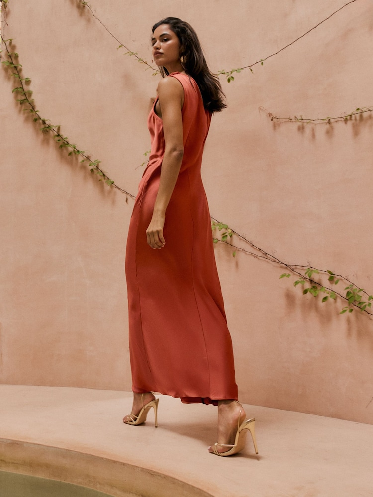 Friends Like These Rust Red Petite Satin Sleeveless Draped Hardware Midi Dress - Image 4 of 4
