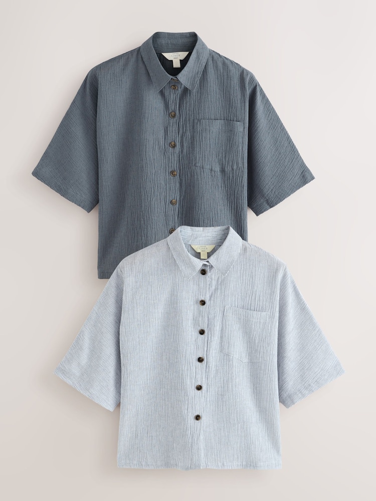 Slate/White Stripe 2 Pack Textured Short Sleeve Shirts With Linen - Image 1 of 9