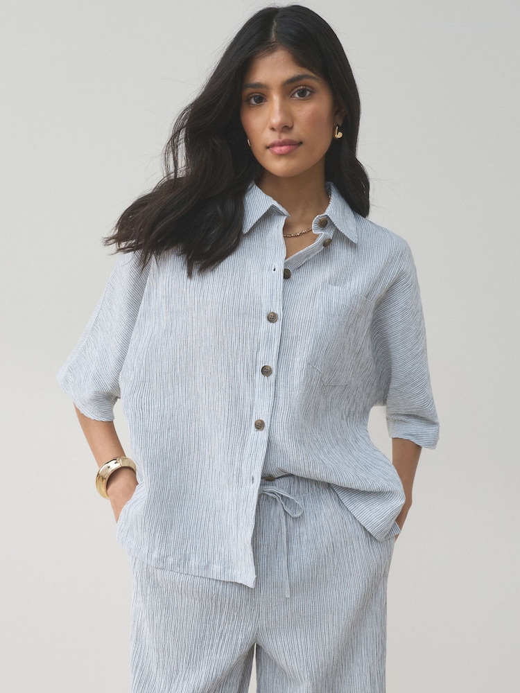 Slate/White Stripe 2 Pack Textured Short Sleeve Shirts With Linen - Image 2 of 9