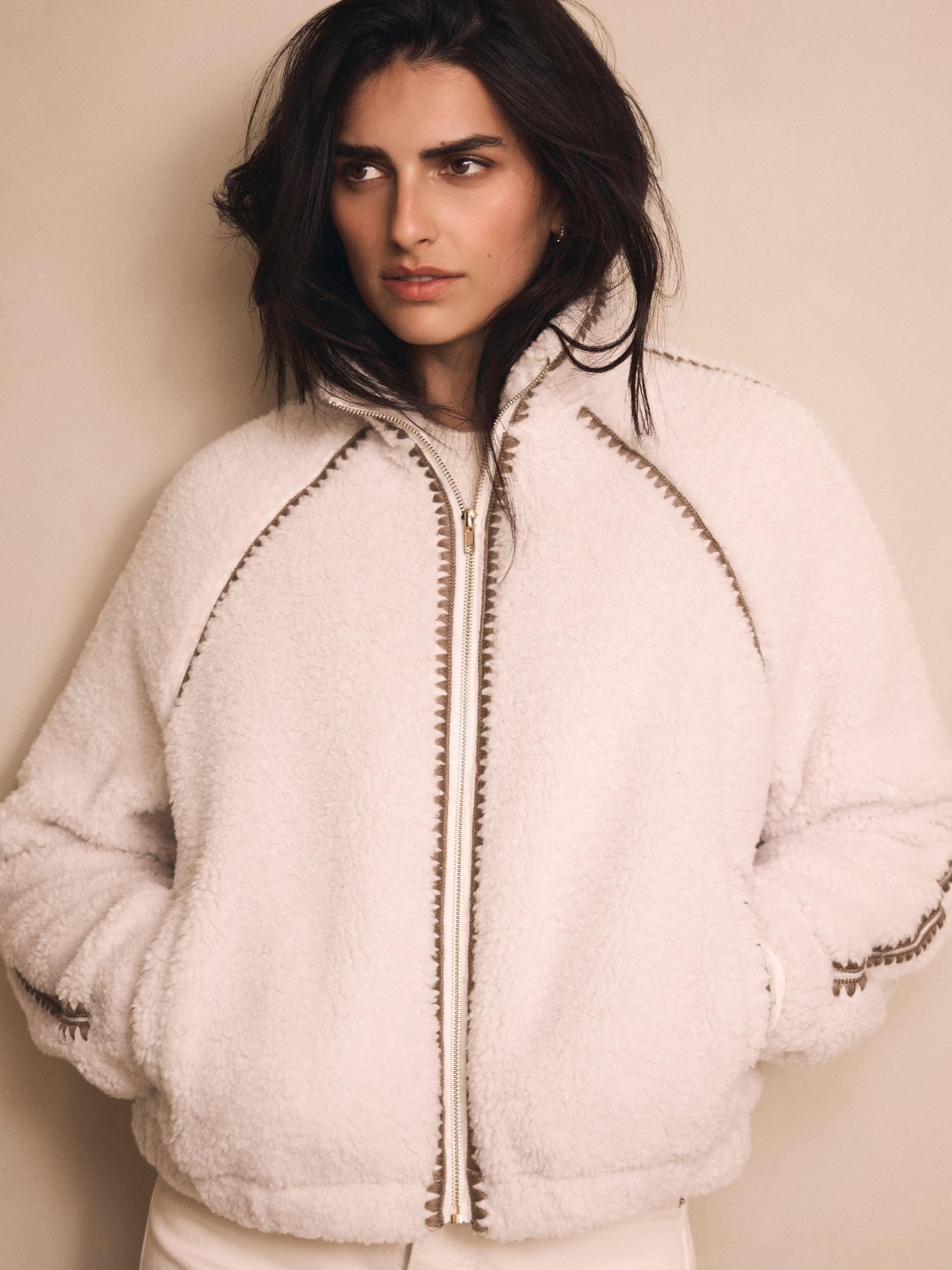 Buy Mint Velvet White Whipstitch Detail Borg Jacket from the Next