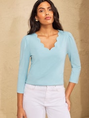 Love & Roses Light Blue 3/4 Sleeve Scallop V-Neck Jersey Top - Image 1 of 4