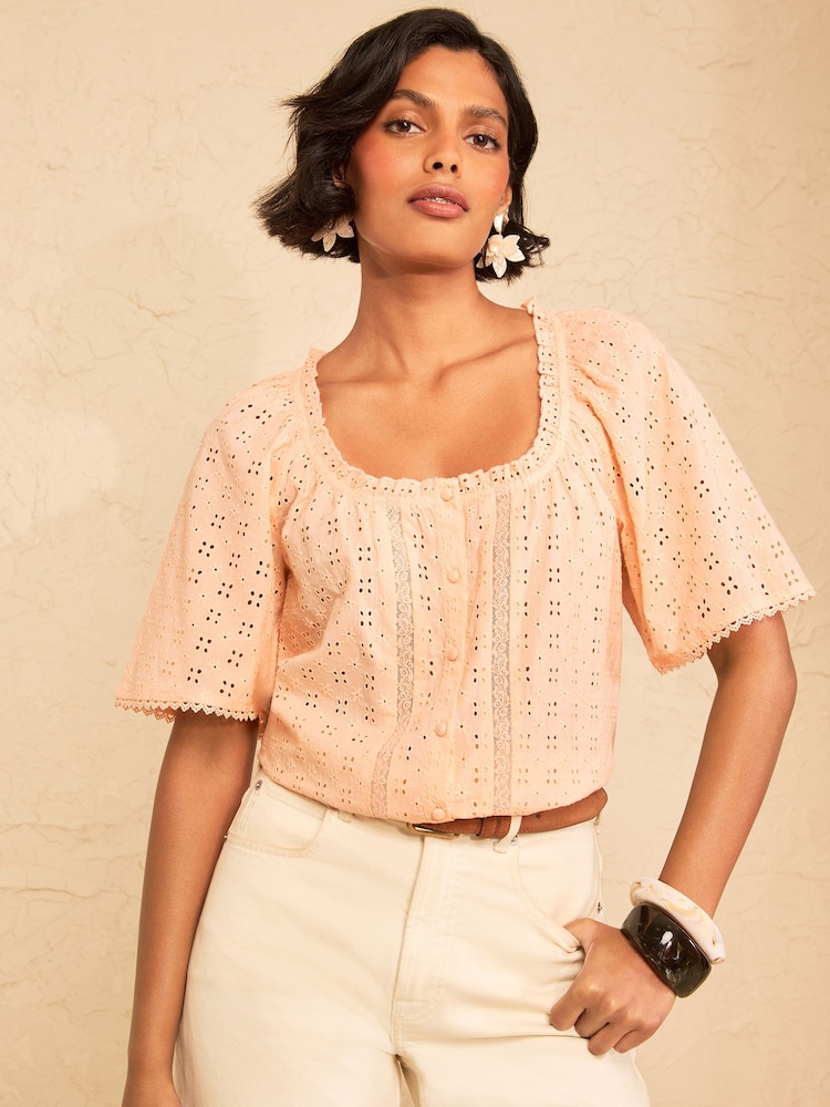 Love & Roses Peach Pink Petite Broderie Scoop Neck Blouse - Image 1 of 4
