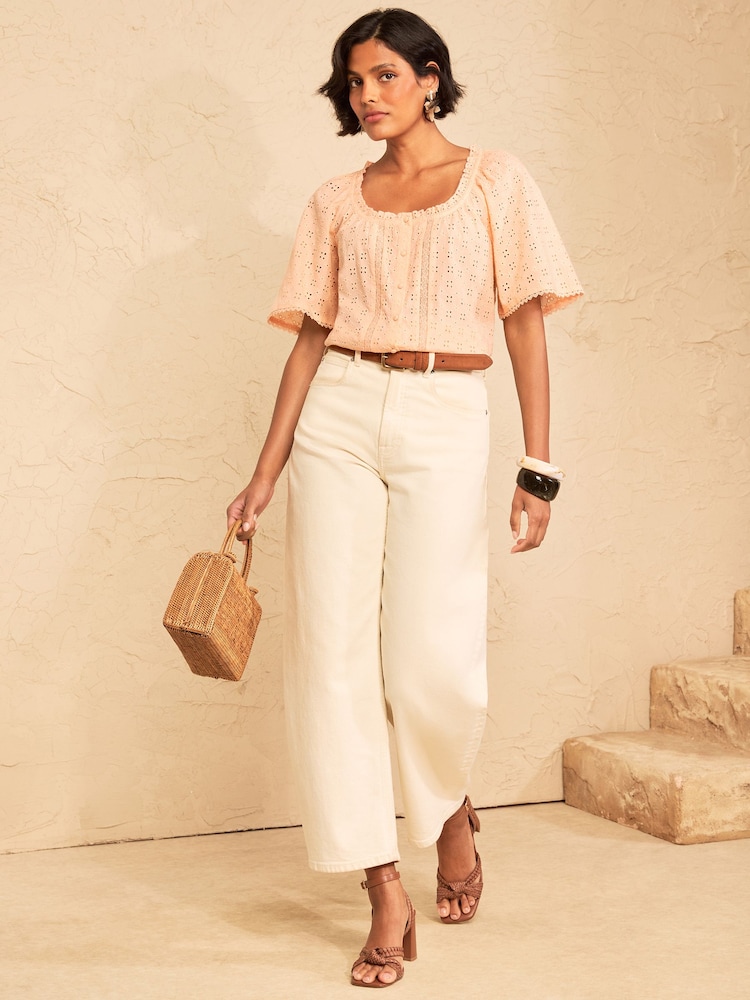 Love & Roses Peach Pink Petite Broderie Scoop Neck Blouse - Image 2 of 4