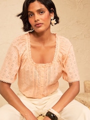 Love & Roses Peach Pink Petite Broderie Scoop Neck Blouse - Image 3 of 4