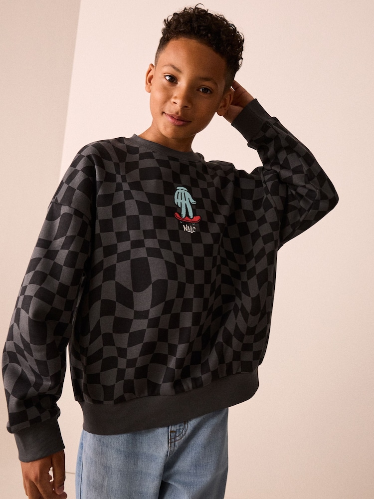 Black/Grey Oversized Fit Graphic Crew Neck Sweater (3-16yrs) - Image 1 of 4