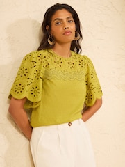 Love & Roses Olive Green Broderie Yoke Short Sleeve Blouse - Image 1 of 4