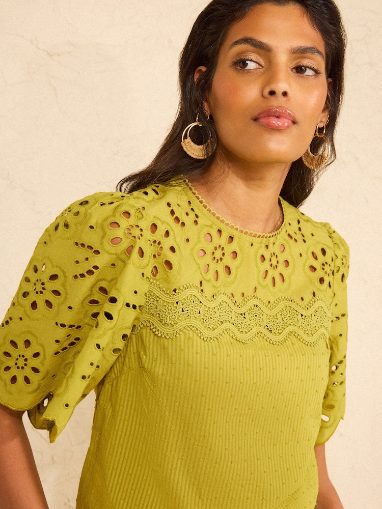 Love & Roses Olive Green Broderie Yoke Short Sleeve Blouse - Image 2 of 4