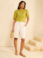 Love & Roses Olive Green Broderie Yoke Short Sleeve Blouse - Image 3 of 4