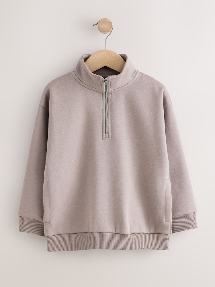 Mink Brown Smart Funnel Neck Quarter Zip Through Sweat Top (3-16yrs) - Image 1 of 4 Mink Brown Smart Funnel Neck Quarter Zip Through Sweat Top (3-16yrs) - Image 1 of 4