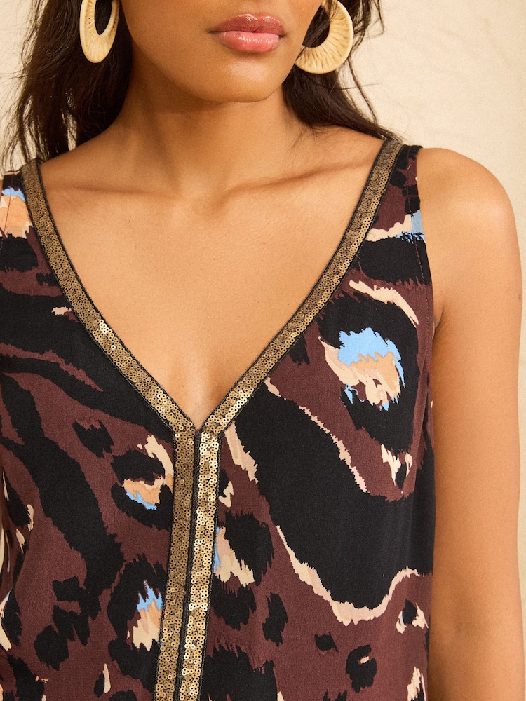 Love & Roses Chocolate Brown Animal Sequin Trim Vest - Image 2 of 4