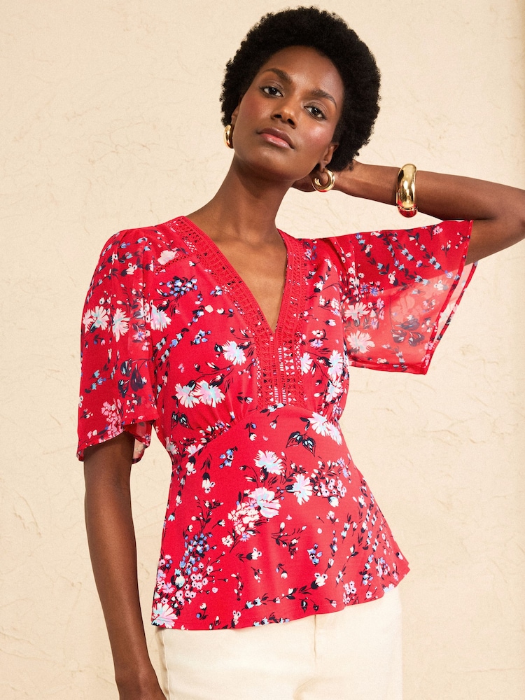 Love & Roses Red Floral Print Lace Trim Tea Top - Image 1 of 4