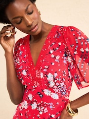 Love & Roses Red Floral Print Lace Trim Tea Top - Image 2 of 4