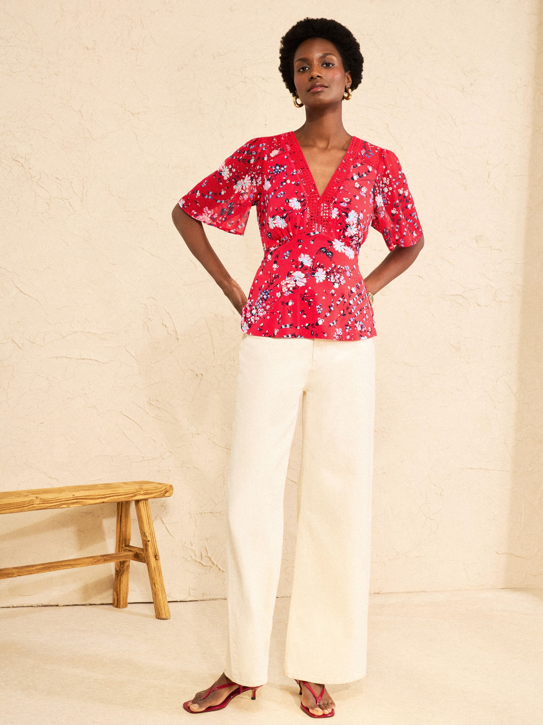 Buy Love & Roses Red Floral Print Lace Trim Tea Top from the Next