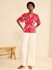 Love & Roses Red Floral Print Lace Trim Tea Top - Image 3 of 4
