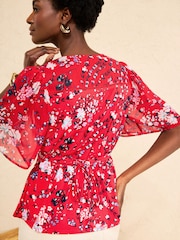 Love & Roses Red Floral Print Lace Trim Tea Top - Image 4 of 4