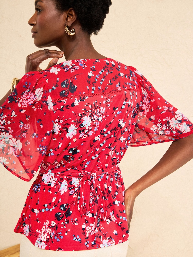 Love & Roses Red Floral Print Lace Trim Tea Top - Image 4 of 4