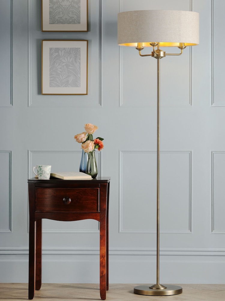 Laura Ashley Brass Brass Sorrento 3 Light Matt Antique Natural Linen Floor Lamp - Image 1 of 6 Laura Ashley Brass Brass Sorrento 3 Light Matt Antique Natural Linen Floor Lamp - Image 1 of 6