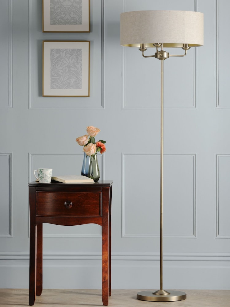 Laura Ashley Brass Brass Sorrento 3 Light Matt Antique Natural Linen Floor Lamp - Image 2 of 6 Laura Ashley Brass Brass Sorrento 3 Light Matt Antique Natural Linen Floor Lamp - Image 2 of 6