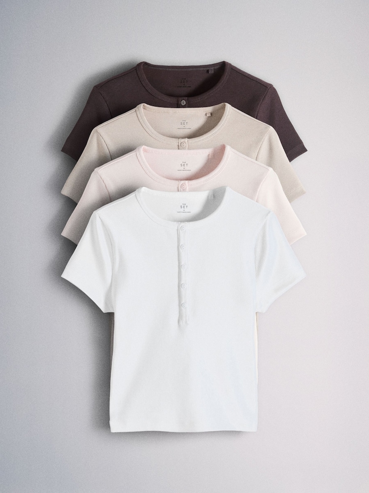 The Set 4 Pack Ribbed Button Henley Short Sleeve T-Shirts Brown/Pink/Neutral/White - Image 2 of 6