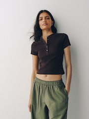 The Set 4 Pack Ribbed Button Cropped Henley Short Sleeve T-Shirts Brown/Pink/Neutral/White - Image 8 of 14