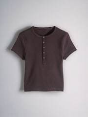 The Set 4 Pack Ribbed Button Cropped Henley Short Sleeve T-Shirts Brown/Pink/Neutral/White - Image 9 of 14