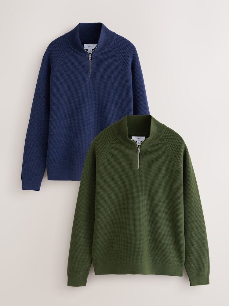Blue/Olive Green Textured Quarter Zip Jumpers 2 Pack - Image 1 of 5 Blue/Olive Green Textured Quarter Zip Jumpers 2 Pack - Image 1 of 5