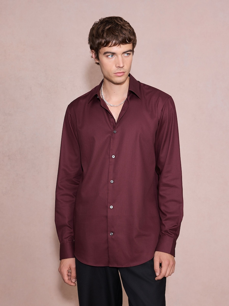Burgundy Red Regular Fit Cotton Rich Textured Easy Care Smart Shirt - Image 1 of 6
