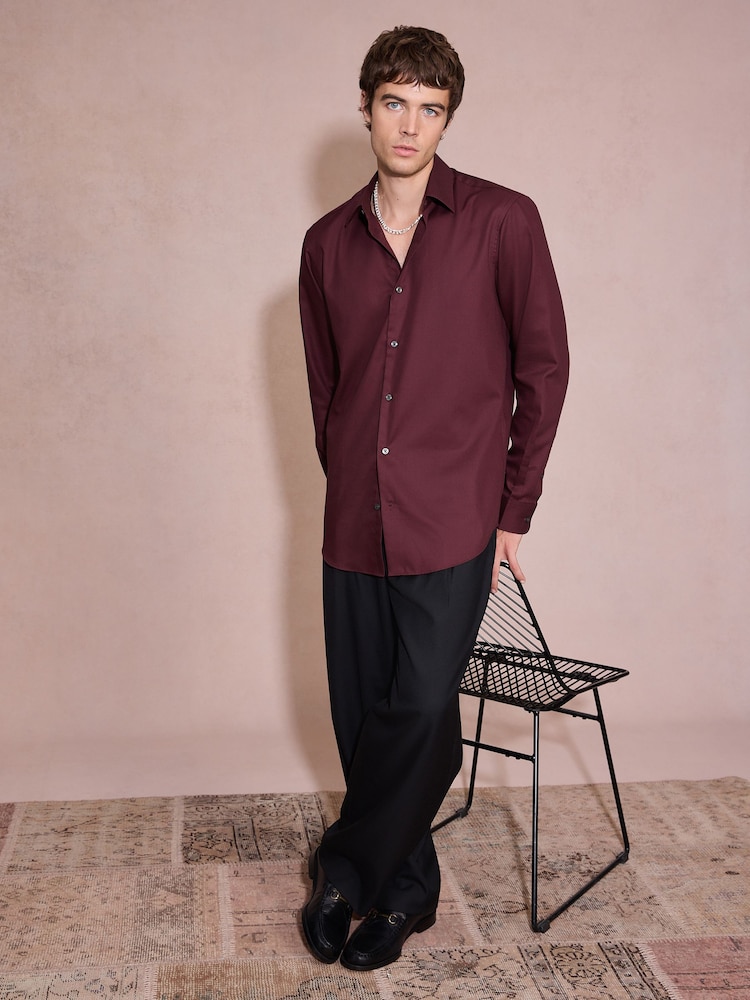 Burgundy Red Regular Fit Cotton Rich Textured Easy Care Smart Shirt - Image 2 of 6
