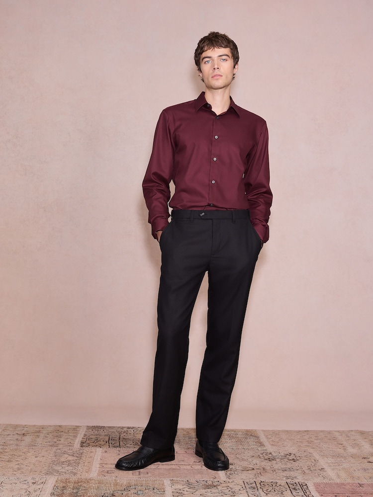 Burgundy Red Slim Fit Cotton Rich Textured Easy Care Smart Shirt - Image 2 of 7 Burgundy Red Slim Fit Cotton Rich Textured Easy Care Smart Shirt - Image 2 of 7