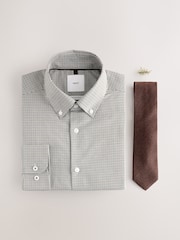 Brown/Green Regular Fit Check Button Down Shirt and Texture Tie Set - Image 1 of 3