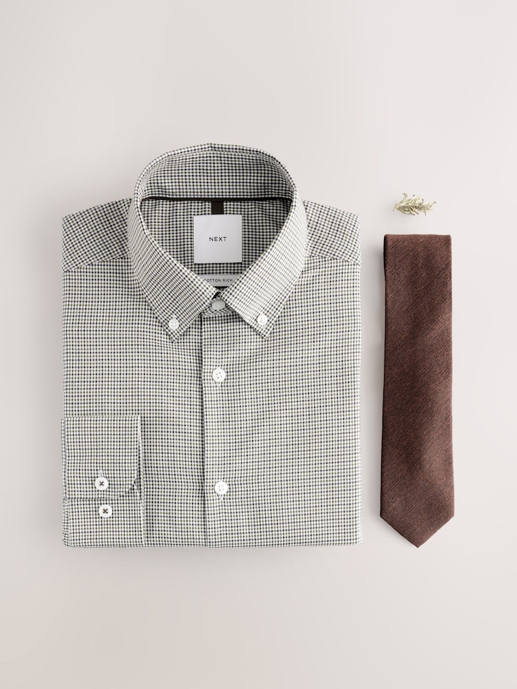 Brown/Green Regular Fit Check Button Down Shirt and Texture Tie Set - Image 1 of 3
