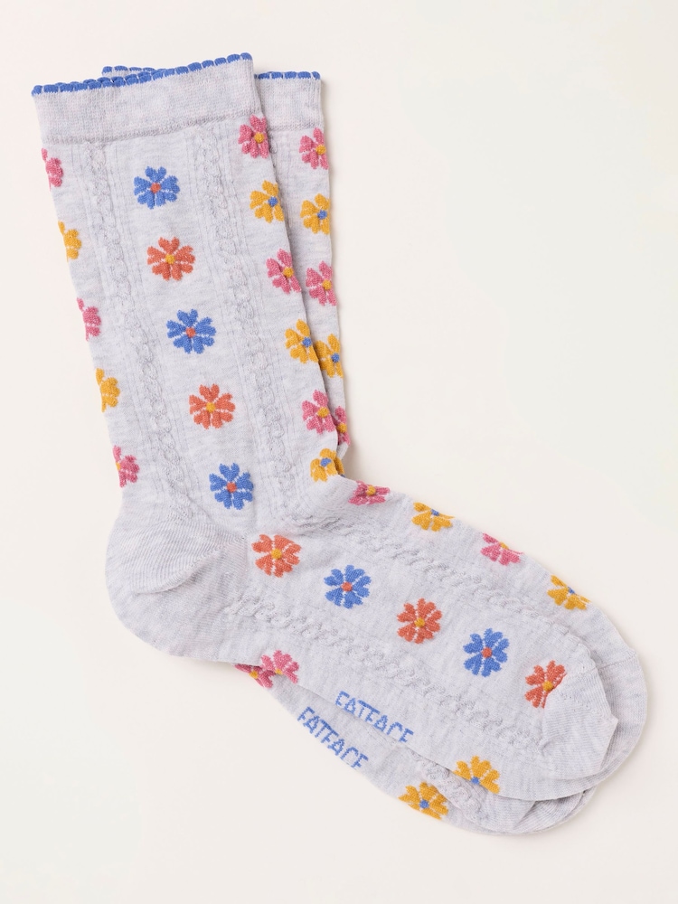 FatFace Grey Floral Cable Socks - Image 1 of 2 FatFace Grey Floral Cable Socks - Image 1 of 2