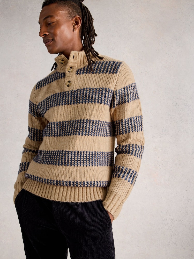 White Stuff Natural Baxton Stripe Button Neck Jumper - Image 1 of 6