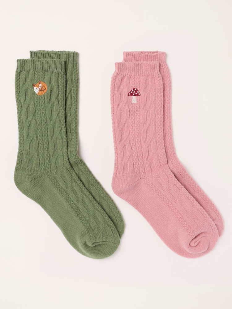FatFace 2 Pack Green Cable Woodland Socks - Image 2 of 3 FatFace 2 Pack Green Cable Woodland Socks - Image 2 of 3