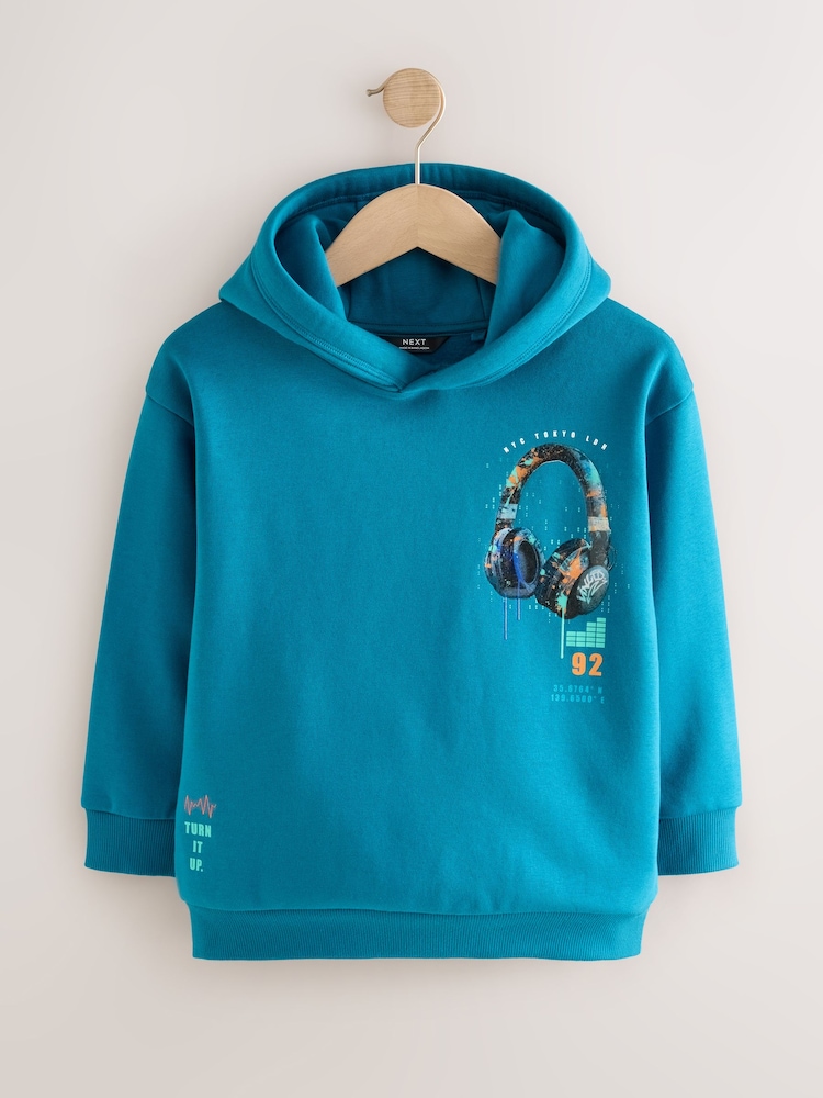 Teal Blue Headphones Regular Fit Older Graphic Print Hoodie (3-16yrs) - Image 1 of 5 Teal Blue Headphones Regular Fit Older Graphic Print Hoodie (3-16yrs) - Image 1 of 5