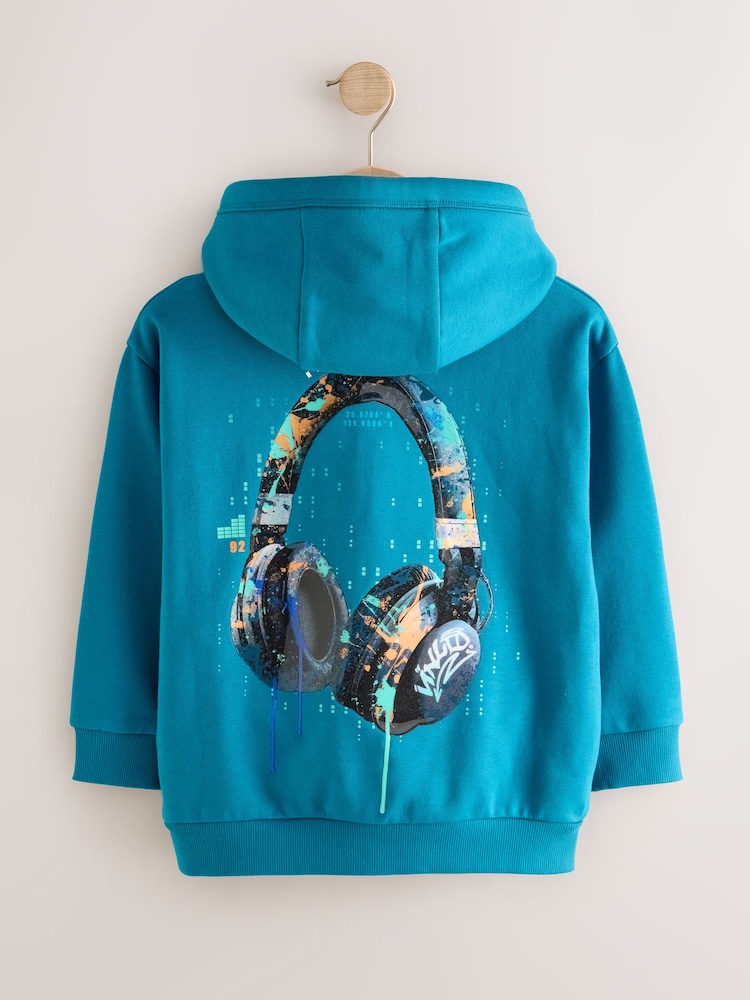 Teal Blue Headphones Regular Fit Older Graphic Print Hoodie (3-16yrs) - Image 2 of 5 Teal Blue Headphones Regular Fit Older Graphic Print Hoodie (3-16yrs) - Image 2 of 5