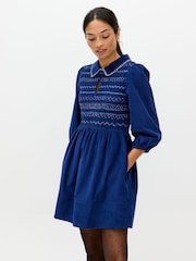 Oliver Bonas Blue Corduroy Shirred Bodice Collared Mini Dress - Image 1 of 8