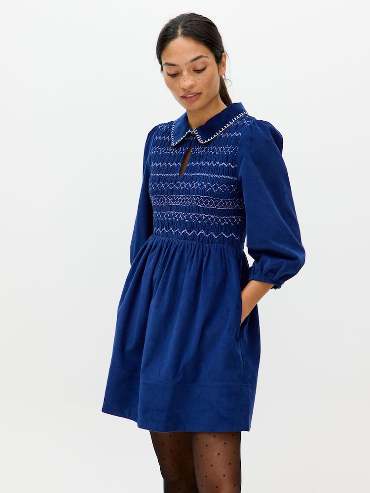 Oliver Bonas Blue Corduroy Shirred Bodice Collared Mini Dress - Image 1 of 8 Oliver Bonas Blue Corduroy Shirred Bodice Collared Mini Dress - Image 1 of 8