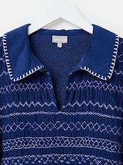 Oliver Bonas Blue Corduroy Shirred Bodice Collared Mini Dress - Image 5 of 8