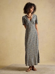 Joules Lainey Navy & Yellow Ditsy Bias Cut Midi Dress - Image 9 of 11