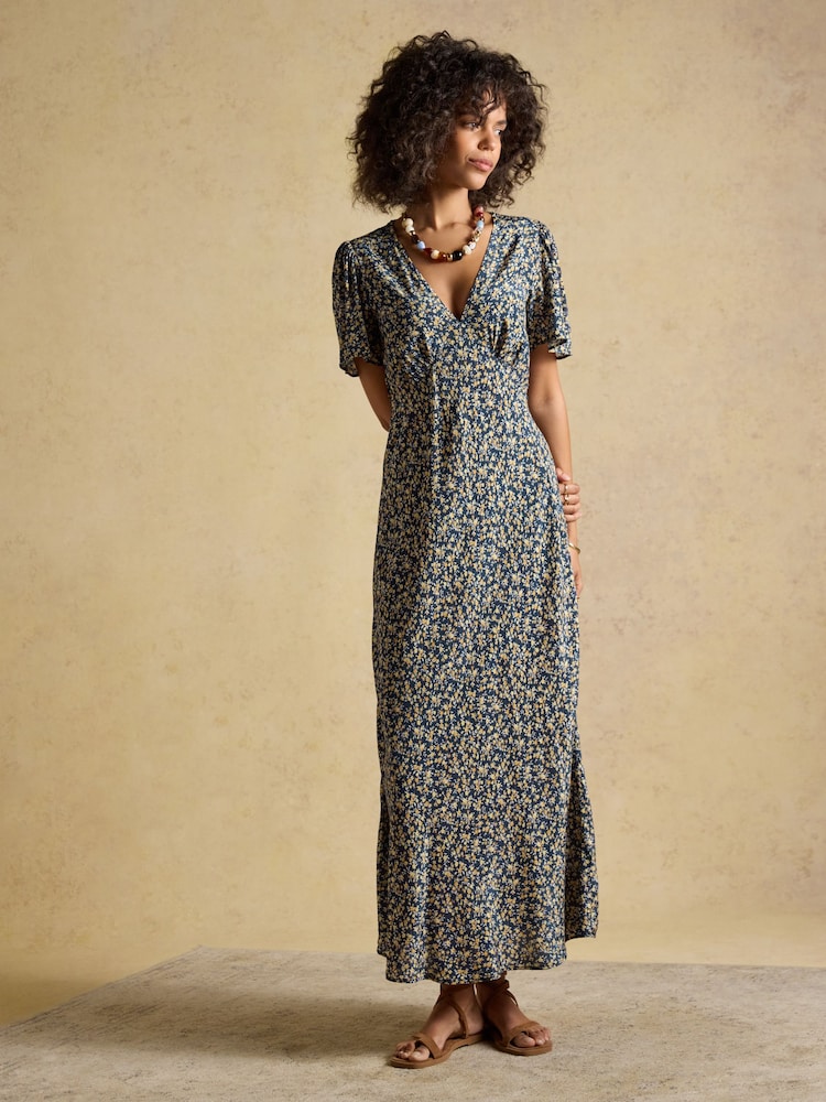 bias cut maxi dress Womens Joules Lainey Navy & Yellow Ditsy Bias Cut Maxi Dress US 2